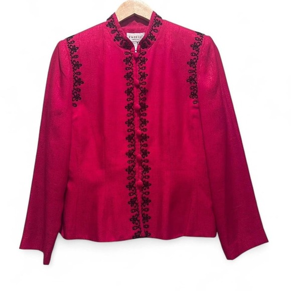 Adrianna Papell Petite Red Embroidered Blazer Jacket Size 10 100% Silk - Picture 1 of 6